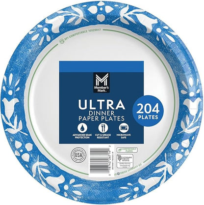 MMember's Mark Ultra Dinner Paper Plates, Blue Floral Pattern, 10 1/16 Inch, Compostable, Cut & Grease Resistant, Microwave Safe, 204 Count