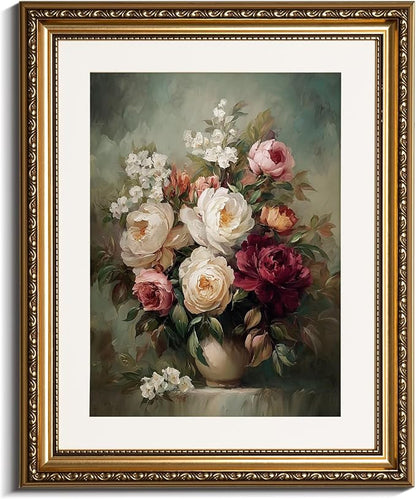 InSimSea Gold Picture Framed Wall Art, Living Room Vintage Moody Flower in Vase Wall Decor, Still Life Floral Canvas Print Art, Home Farmhouse Decor, Antique Paintings with Frame 13x16inch