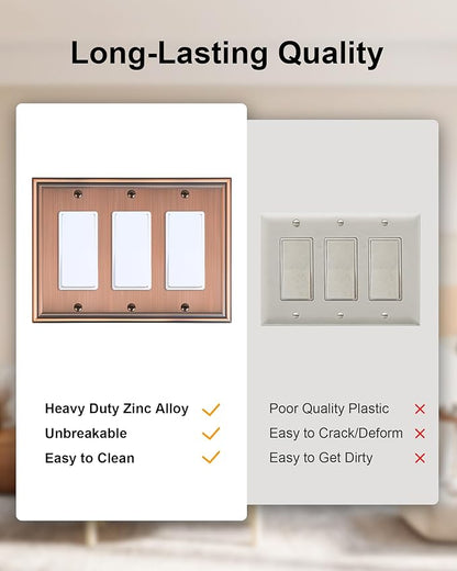 2-Pack Decorative Tripple Decorator Outlet Cover Plate, Durable Zinc Alloy Antique Copper Wall Plates for Electrical Outlet, Receptacle, GFCI Outlet, Dimmer Switch, 3-Gang Corrosion Resistant