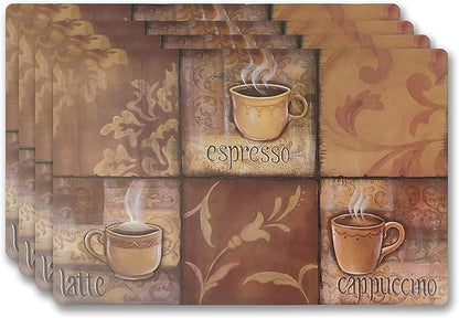 Vinyl Rectangular Placemats Set of 4 - Non Slip Place Mats Ideal for Indoor and Outdoor Dining Table - Washable and Heat Resistant Fall Placemats for Kitchen Tables (Coffee Tiles)