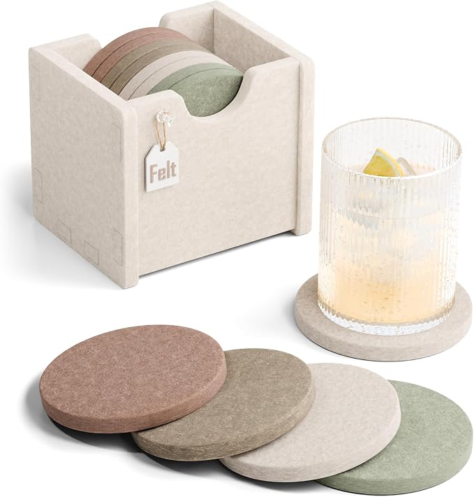Fluxynara Felt Coasters with Holder, Boho | Round Felt Coasters, Heat-Resistant by FLUXYNARA