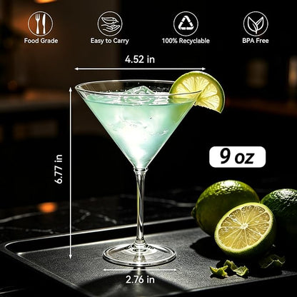 Plastic Martini Glasses Set of 12, 9 oz Clear Cocktail Cups | Unbreakable - Image 2