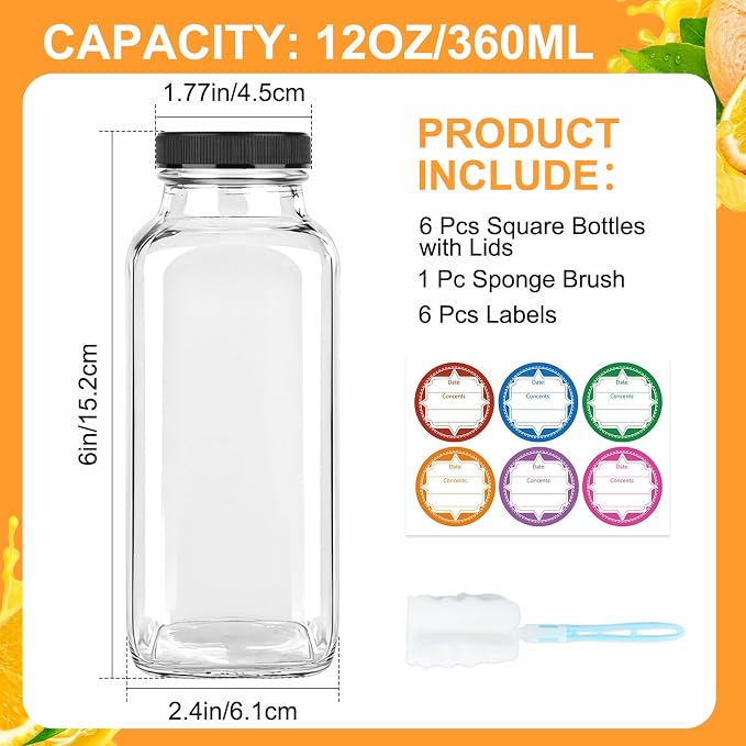 GUANENA 6 Pack Glass Drink Bottles, 12 OZ Vintage Square Water Bottles - Image 2