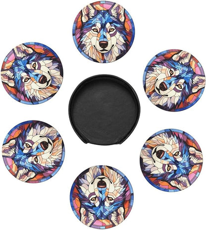 Drink Coaster Set of 6, Siberian Husky Dog Mom Lover Gift,Leather Drink Coasters with Holder,6 Pack Cup/Bar/Drink Coasters for Table/Drinks/Coffee Protection Housewarming Gift