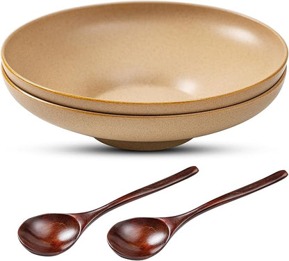 Ceramic Serving Bowls with Wooden Spoons Set of 2, Large Serving Bowl for Dinner Salad Soup Pasta Dessert Fish Fruit Chicken Bread, Oven Dishwasher Safe, 50oz Bowl for Entertaining, 9.75"