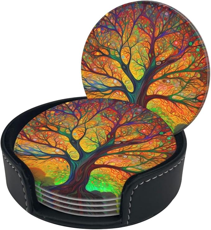 Tree of Life Colorful Leaves Leather Coasters Set of 6 - Image 6