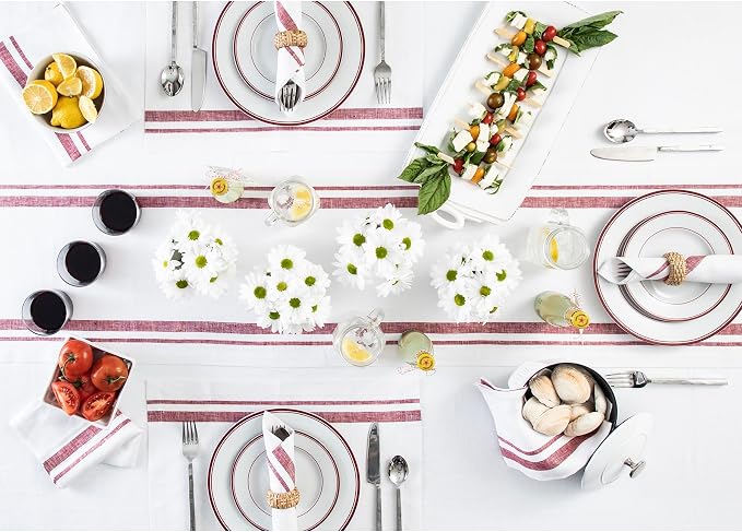 Solino Home 100% Linen Table Runner, 14 x 72 in, Burgundy and White Striped | - Image 9