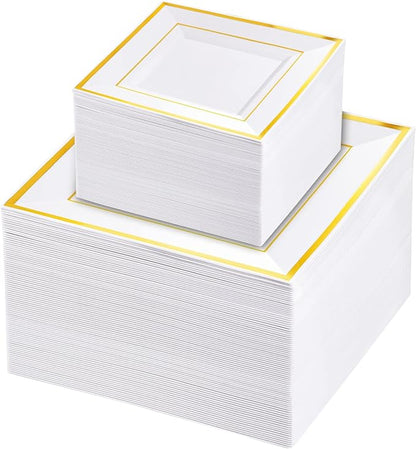Liacere 100PCS White and Gold Square Plastic Plates-50PCS Heavy Duty 9.5inch White Dinner Plates and 50PCS 6inch White Dessert Plates - Gold Plastic Plates for Party & Christmas & New Year