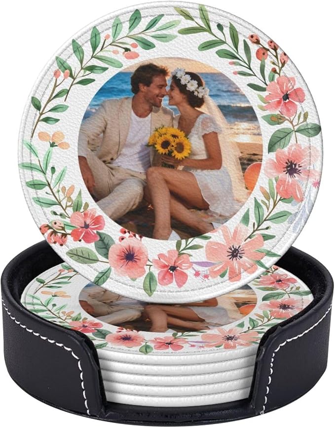Photo Picture Custom with Flowers Design Print Leather Coasters Set of 6 with by Nameapo