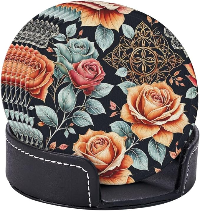 Drink Coasters with Holder Stand Set of 6, Roses Flower Vintage Pu Leather - Image 2