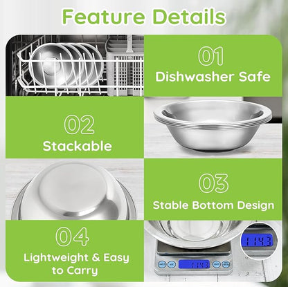 304(18/8) Stainless Steel Mixing Bowls for Kitchen, 10 Pack 7.8" 28.89 fl.oz Metal Mixing Bowls Set Stackable for Baking Serving Cooking Food Prep Storage Dishwasher Safe Lightweight