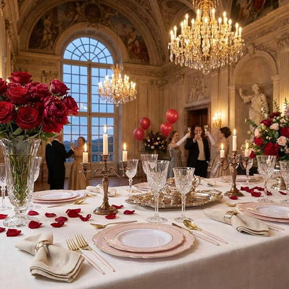 I00000 144Pcs Pink Plastic Silverware, Gold Disposable Flatware with Pink Handle, Gold Plastic Cutlery Set Includes: 48 Forks, 48 Knives and 48 Spoons Perfect for Party & Wedding