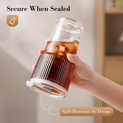 20oz Iced Coffee Cups with Lids, Ribbed Glass Cups with Lids and Straws | Thick - Image 2