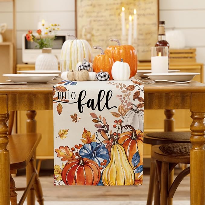 Hello Fall Pumpkin Table Runner Autumn Leaves Harvest Burlap Table Runners - Image 2