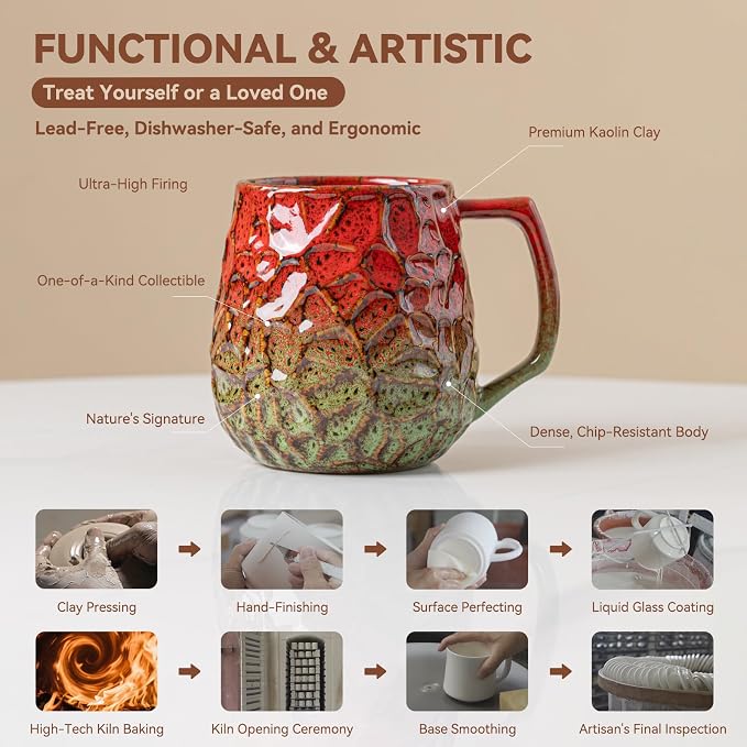 18oz Unique Red & Green Kiln-Change Ceramic Coffee Mug, Handcrafted Hammered - Image 7