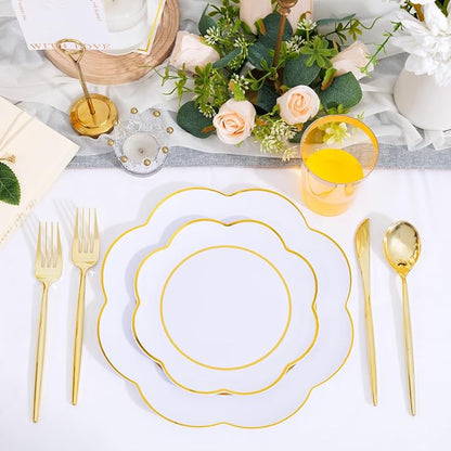 EI 180pcs White Plastic Plates with Gold Plastic Silverware,Heavy-Duty Disposable Plates for Party,White Dinnerware Set for 30 Guest Wedding,Afternoon Tea,Spring,Mother's/Valentine's Day