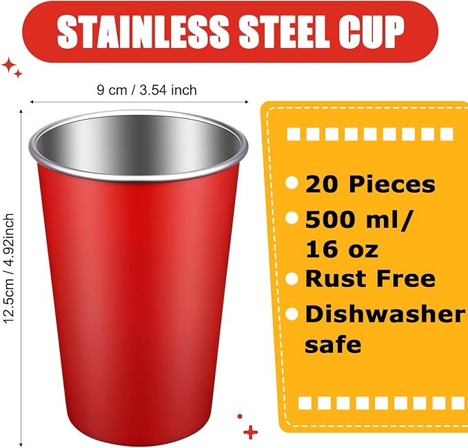Mimorou 20 Pack 16 oz Stainless Steel Pint Cups Metal Cups Unbreakable Drinking - Image 2