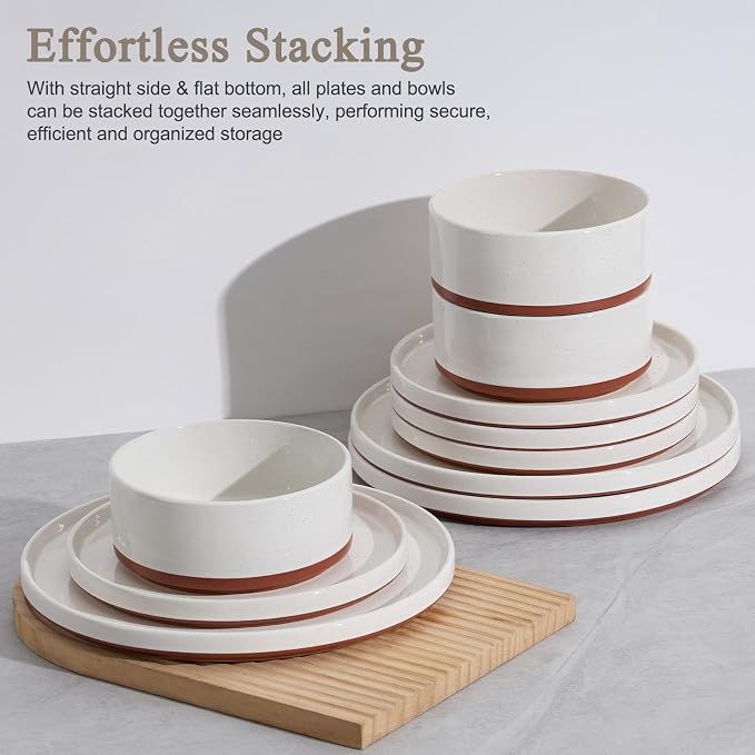 LIANYU Plates and Bowls Sets, 12 Pieces Stoneware Dinnerware Set - Image 5