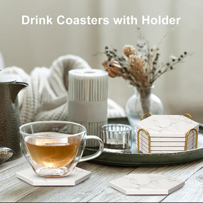 White Marble Coasters Set of 6 Hexagon Absorbent Ceramic Coasters - Image 6