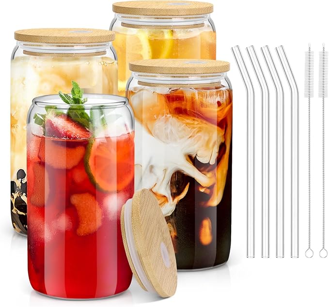 sungwoo 4PCS Glass Cups with Bamboo Lids and Straws, 16OZ Ice Coffee Cup by sungwoo