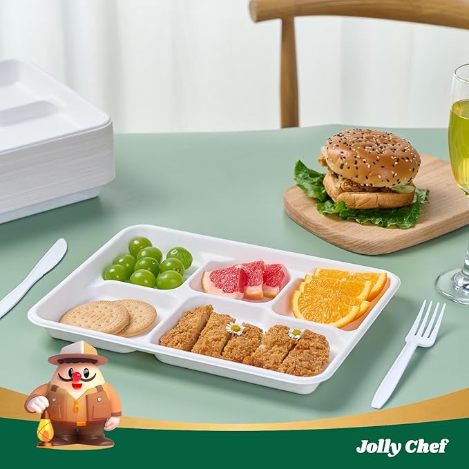 JOLLY CHEF Compostable 𝟱 Compartment Paper Plates 𝟭𝟭 * 𝟴 𝗶𝗻𝗰𝗵 [𝟱𝟬𝟬 𝗣𝗮𝗰𝗸] Heavy Duty White Divided Disposable Plate Eco-Friendly Biodegradable Food Trays for Party Lunch Dinner Christmas