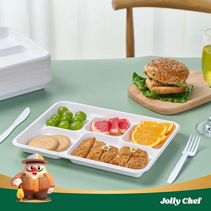 JOLLY CHEF Compostable 𝟱 Compartment Paper Plates 𝟭𝟭 * 𝟴 𝗶𝗻𝗰𝗵 [𝟱𝟬𝟬 𝗣𝗮𝗰𝗸] Heavy Duty White Divided Disposable Plate Eco-Friendly Biodegradable Food Trays for Party Lunch Dinner Christmas