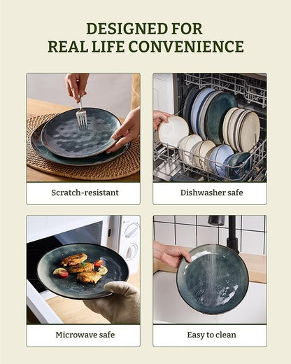 Famiware Ocean Round Plates and Bowls Set, 18 Pieces Dinnerware Sets, Dishes Set for 6, Reactive Glaze, Microwave and Dishwasher Safe, Scratch Resistant, Deep Forest