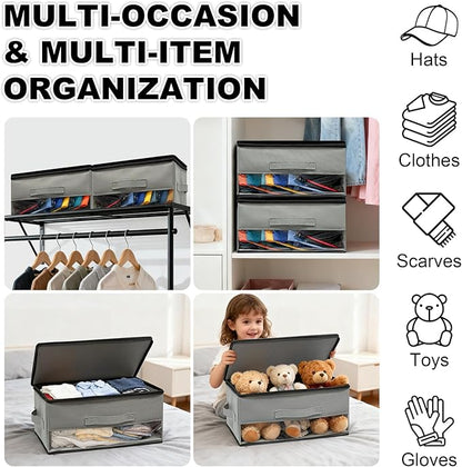 2 PCS Stackable Hat Storage for Baseball Caps, Space Saving Hat Organizer Box for Closet, with Cardboard, Clear Window Lid and 3 Handle, Each Holds 12 Hats, Grey