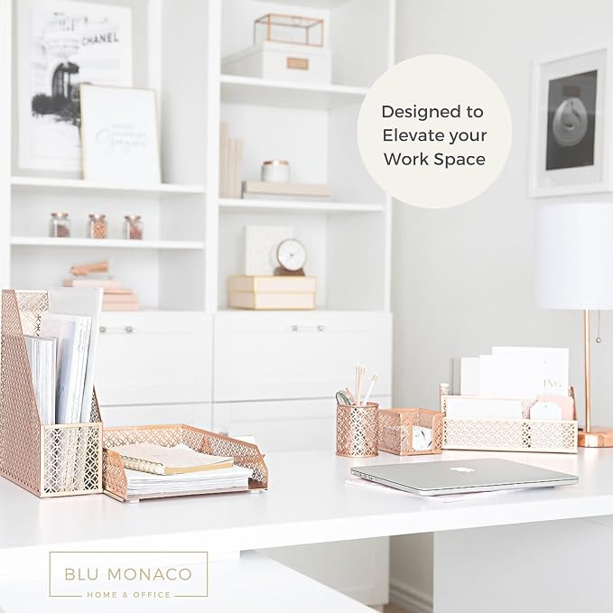 BLU MONACO | Rose Gold Desk Organizer Set | 6 Piece Metal Office Desk Organizer - Image 2