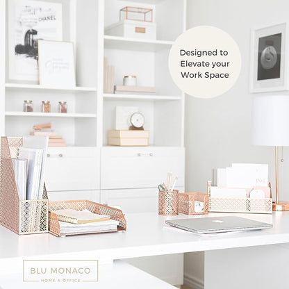 BLU MONACO | Rose Gold Desk Organizer Set | 6 Piece Metal Office Desk Organizer - Image 2