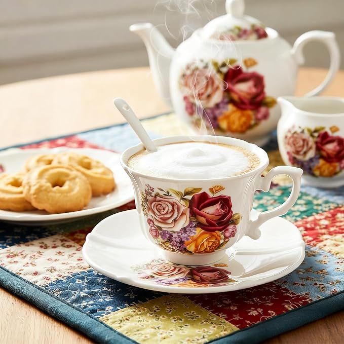 Pumtus Tea Cups and Saucers Set of 6, 8 OZ Vintage Ceramic Teacups - Image 5