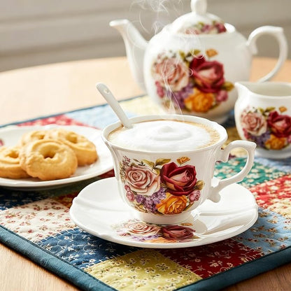 Pumtus Tea Cups and Saucers Set of 6, 8 OZ Vintage Ceramic Teacups - Image 5