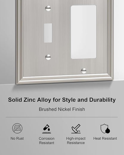 2-Pack Combo Toggle/Decorator Light Switch Cover Plate, Brushed Nickel Decorative Electrical Outlet Covers, Durable Solid Zinc Alloy Wall Switch Plates and Outlet Covers