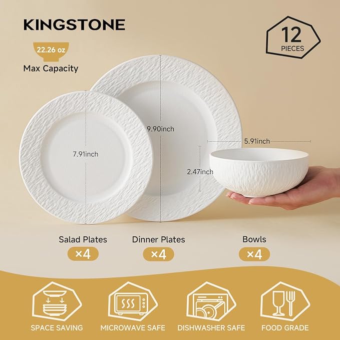 Dinnerware Sets for 4, 12-Piece plates and bowls sets, Matte Marble | Premium - Image 2