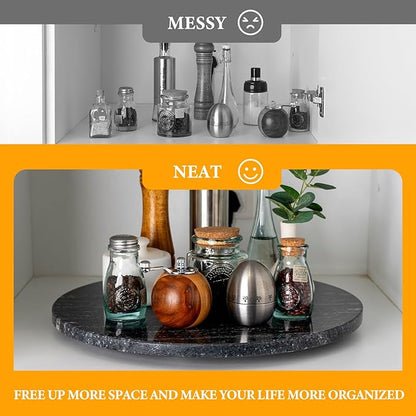 Koville 16'' Black Marble Lazy Susan for Kitchen, Marble Turntable for Dinning, Stone Lazy Susan Organizer for Cabinet, Serving Rotation Spinning Tabletop Organizer Swiveling, Spice Rack Storage
