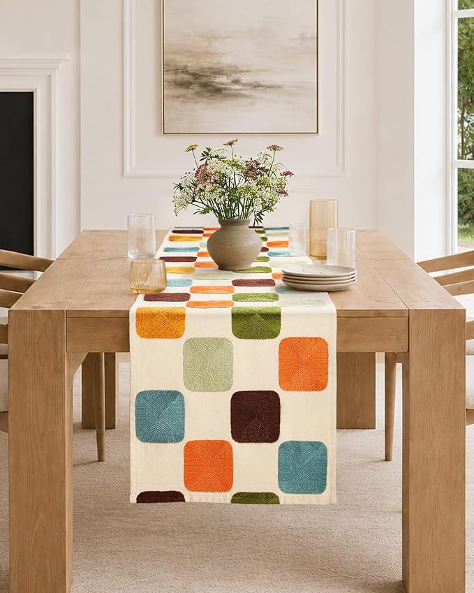 Embroidered Canvas 13"x 72" Narrow Table Runner, Mosaic | Exquisite Embroidery - Image 5