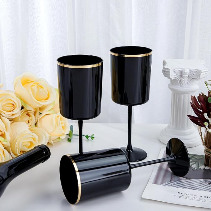 Ciaell 12 Pack Black and Gold Plastic Wine Glasses - Image 6