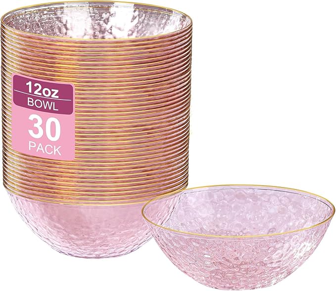 30 Pack 12 Ounce Pink Plastic Bowls Hammered Clear Bowl by I00000