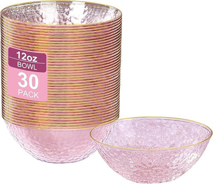 30 Pack 12 Ounce Pink Plastic Bowls Hammered Clear Bowl by I00000