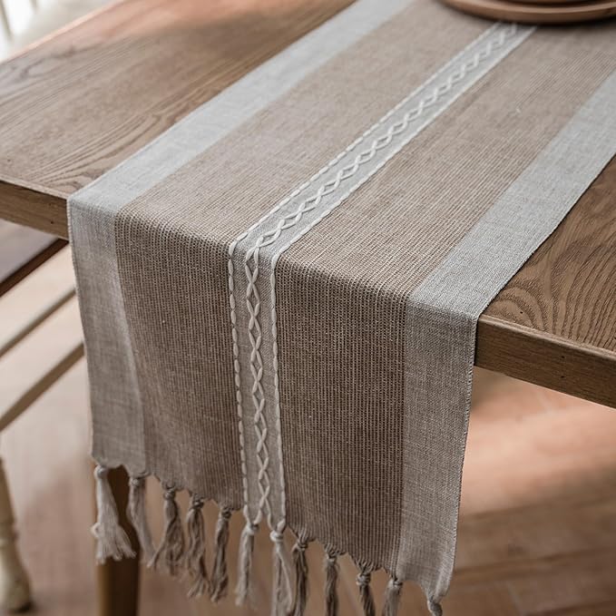 Farmhouse Table Runner, Embroidered Striped Braided Coffee Boho Table Runner - Image 7