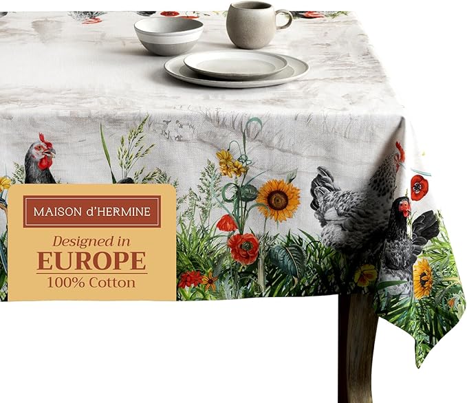 Maison d' Hermine Table Cloth Rectangle Table 100% Cotton 60 x 90 Inches Tablecloth Reusable Decorative for Dining Room Farmhouse Home Valentines Day Decorations Spring Summer - Basse Cour