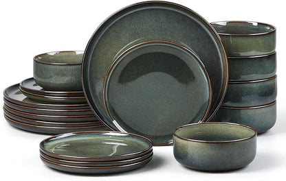 E-far Dinnerware Sets for 6, 18-Piece Stoneware Plates and Bowls Set, Ceramic Dishes Reactive Glaze Dinning Ware, Microwave & Dishwasher Safe - Obsidian Green