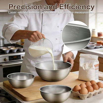 3-Piece Stainless Steel Mixing Bowls Set, 2.4, 3.2 & 4.9 Qt with Measurement Marks, Food Grade 304, Dishwasher Safe & Stackable for Baking, Tossing Salads, and Meal Prep for Your Kitchen