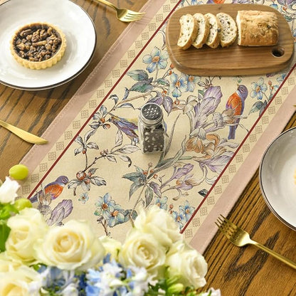 Artoid Mode Beige Birds Floral Blossom Table Runner, Seasonal Flowers Spring - Image 4