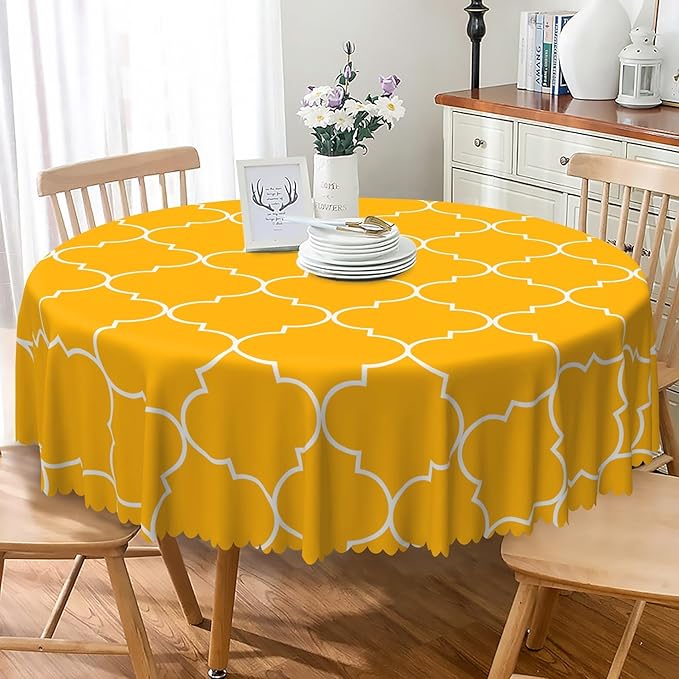 Laeacco 48 Inch Morocco Round Tablecloth Orange Geometric Lattice Modern Abstract Art Print Table Cloth Washable Waterproof Wrinkle Free Table Cover for Kitchen Dining Picnic Party Decoration