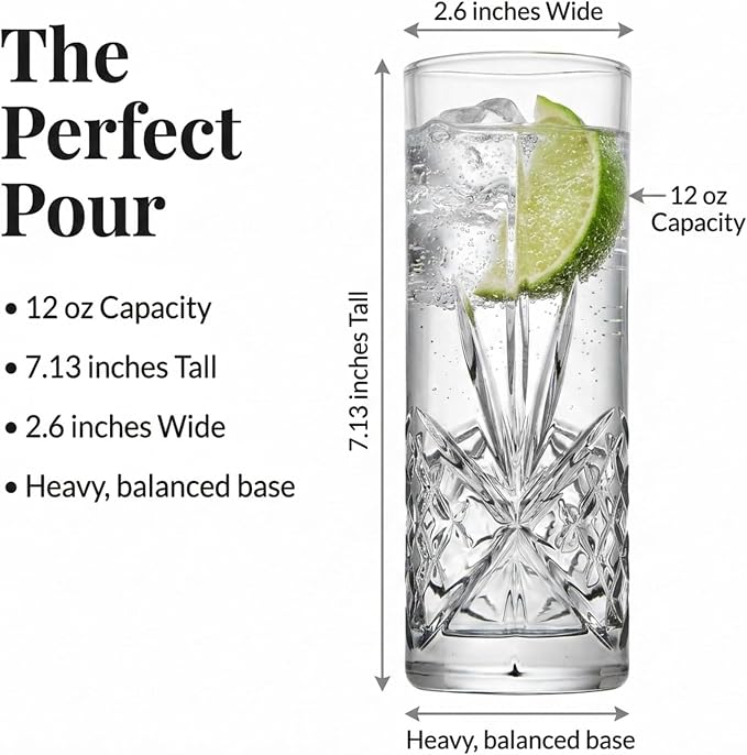 Godinger Tall Beverage Glasses Collins All Purpose Drinking Glasses- Dublin - Image 3