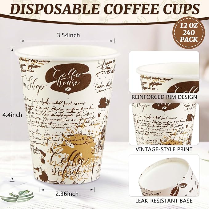 SIUQ 240 Pack 12 oz Disposable Paper Coffee Cups Retro Leak-Proof Sturdy | - Image 2