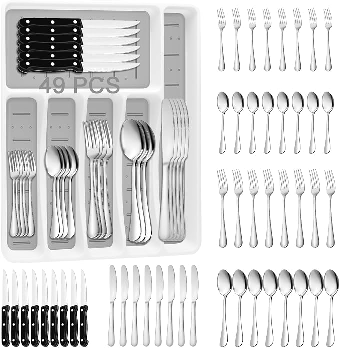 49PCS Silverware Set with Organizer, Stainless Steel Flatware Drawer Cutlery Set by JUNLIN