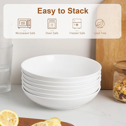 Jassceram 8.5inch Pasta Bowls Set of 6, 36 OZ Salad Plates,Ceramic Serving Bowls for Soup,Noodle,Deep Enough for Kitchen and Dining, Microwave,Oven and Dishwasher Safe,Off White