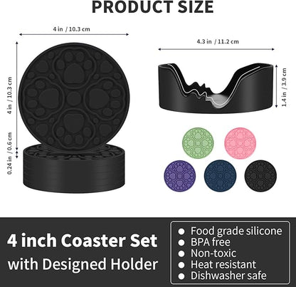 Black Silicone Coaster with Holder, 4 Inches Modern Bar Coasters Set of 6 for Desk, Tabletop Non Slip Decorative Cup Mat for Coffee, Drinks, Beer, Beverage - Dishwasher Safe